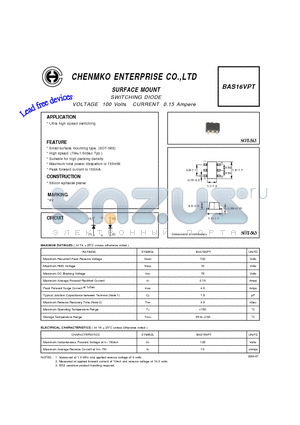 BAS16VPT datasheet - SWITCHING DIODE VOLTAGE 100 Volts CURRENT 0.15 Ampere