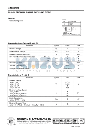 BAS16WS datasheet - SILICON EPITAXIAL PLANAR SWITCHING DIODE