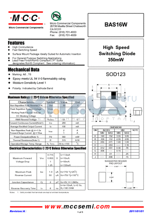 BAS16W datasheet - High Speed Switching Diode 350mW