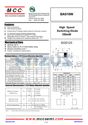 BAS16W_13 datasheet - High Speed Switching Diode 350mW