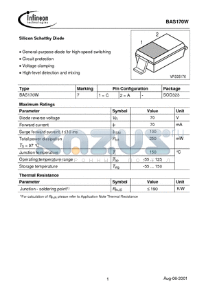 BAS170W datasheet - Silicon Schottky Diode