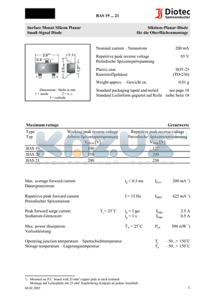 BAS19 datasheet - Surface Mount Silicon Planar Small-Signal Diode