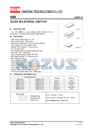4066L-S14-T datasheet - QUAD BILATERAL SWITCH