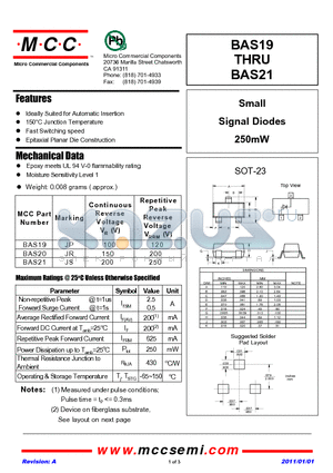 BAS19 datasheet - Small Signal Diodes 250mW