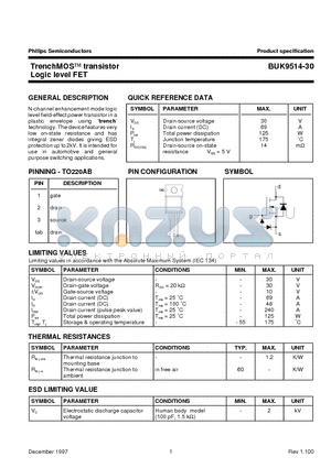BUK9514-30 datasheet - TrenchMOS transistor Logic level FET