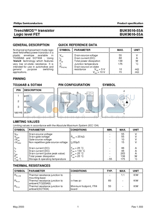 BUK9516-55A datasheet - TrenchMOS transistor standard level FET