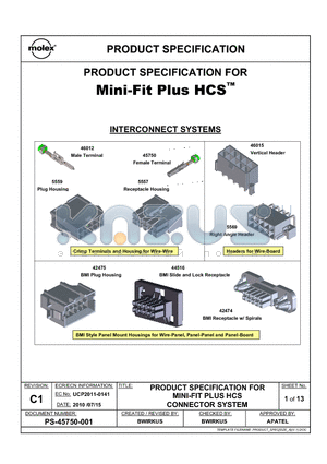 0460152003 datasheet - PRODUCT SPECIFICATION FOR Mini-Fit Plus HCS