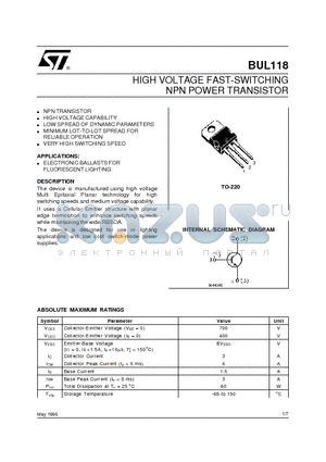 BUL118 datasheet - HIGH VOLTAGE FAST-SWITCHING NPN POWER TRANSISTOR