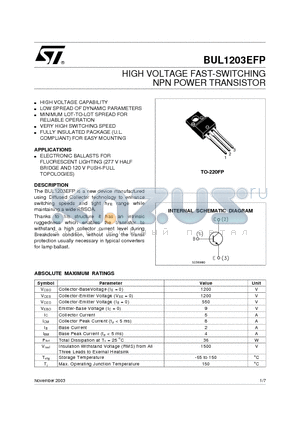 BUL1203EFP datasheet - HIGH VOLTAGE FAST-SWITCHING NPN POWER TRANSISTOR