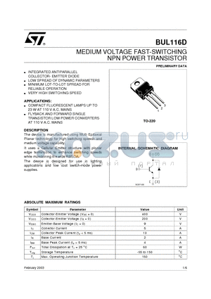 BUL116D datasheet - MEDIUM VOLTAGE FAST-SWITCHING NPN POWER TRANSISTOR