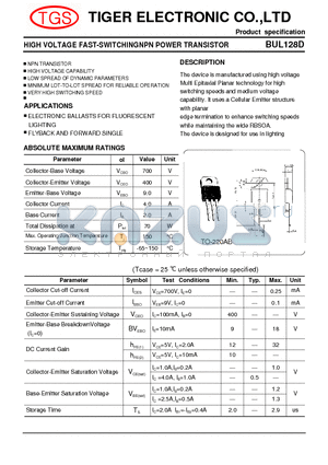 BUL128D datasheet - HIGH VOLTAGE FAST-SWITCHINGNPN POWER TRANSISTOR