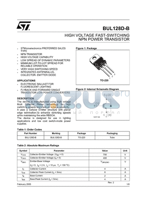 BUL128D-B datasheet - HIGH VOLTAGE FAST-SWITCHING NPN POWER TRANSISTOR