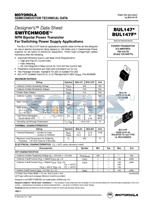 BUL147 datasheet - POWER TRANSISTOR 8.0 AMPERES 700 VOLTS 45 and 125 WATTS