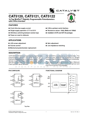 CAT5120TBI-50-T10 datasheet - 16-Tap MiniPot Digitally Programmable Potentiometers with 2-Wire Interface