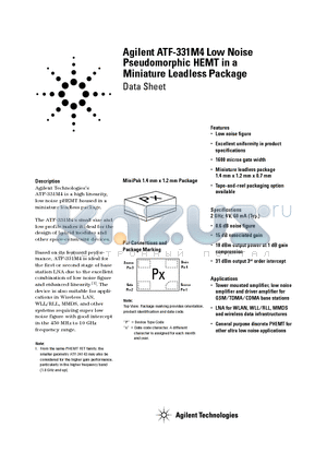 ATF331M4 datasheet - Agilent ATF-331M4 Low Noise Pseudomorphic HEMT in a Miniature Leadless Package