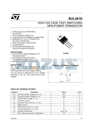 BUL381D_03 datasheet - HIGH VOLTAGE FAST-SWITCHING NPN POWER TRANSISTOR