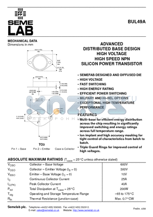 BUL49A datasheet - ADVANCED DISTRIBUTED BASE DESIGN HIGH VOLTAGE HIGH SPEED NPN SILICON POWER TRANSISTOR