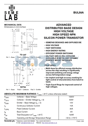 BUL50A datasheet - ADVANCED DISTRIBUTED BASE DESIGN HIGH VOLTAGE HIGH SPEED NPN SILICON POWER TRANSISTOR
