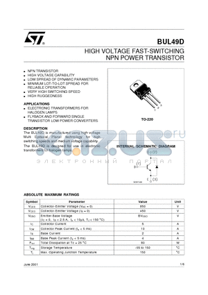 BUL49D_01 datasheet - HIGH VOLTAGE FAST-SWITCHING NPN POWER TRANSISTOR