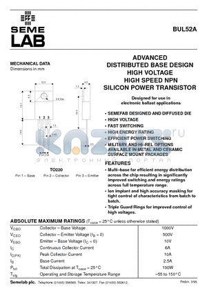 BUL52A datasheet - ADVANCED DISTRIBUTED BASE DESIGN HIGH VOLTAGE HIGH SPEED NPN SILICON POWER TRANSISTOR