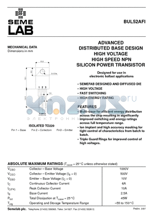 BUL52AFI datasheet - ADVANCED DISTRIBUTED BASE DESIGN HIGH VOLTAGE HIGH SPEED NPN SILICON POWER TRANSISTOR