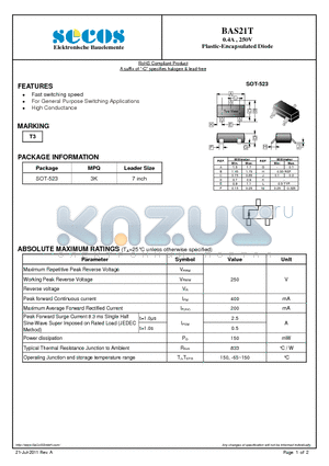 BAS21T datasheet - 0.4A , 250V Plastic-Encapsulated Diode
