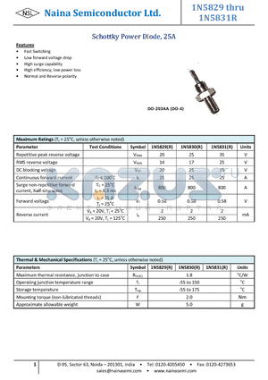 1N5830R datasheet - Schottky Power Diode, 25A