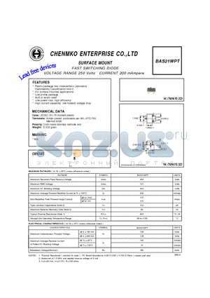 BAS21WPT datasheet - FAST SWITCHING DIODE VOLTAGE RANGE 250 Volts CURRENT 200 mAmpere