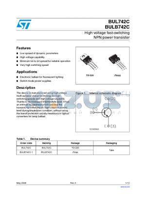 BUL742C_08 datasheet - High voltage fast-switching NPN power transistor