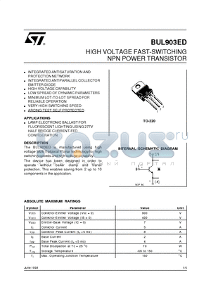 BUL903 datasheet - HIGH VOLTAGE FAST-SWITCHING NPN POWER TRANSISTOR