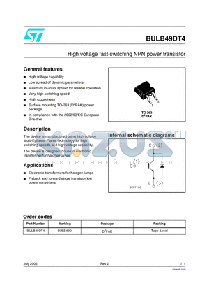 BULB49DT4 datasheet - High voltage fast-switching NPN power transistor