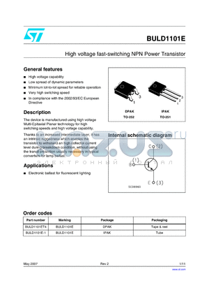 BULD1101E-1 datasheet - High voltage fast-switching NPN Power Transistor