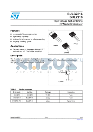 BULB7216T4 datasheet - High voltage fast-switching NPN power transistor