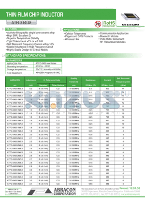 ATFC-0402-0N4-X datasheet - THIN FILM CHIP INDUCTOR