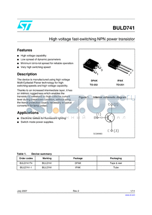 BULD741 datasheet - High voltage fast-switching NPN power transistor