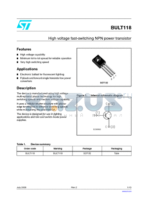BULT118 datasheet - High voltage fast-switching NPN power transistor