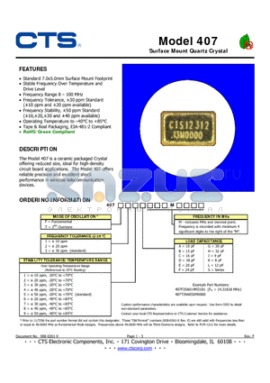 407F13FM datasheet - Surface Mount Quartz Crystal