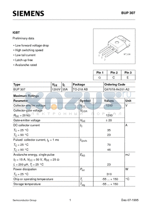 BUP307 datasheet - IGBT (Low forward voltage drop High switching speed Low tail current Latch-up free Avalanche rated)