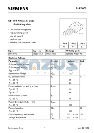 BUP307D datasheet - IGBT With Antiparallel Diode (Low forward voltage drop High switching speed Low tail current Latch-up free Including fast free-wheel diode)