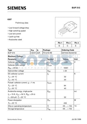 BUP313 datasheet - IGBT (Low forward voltage drop High switching speed Low tail current Latch-up free Avalanche rated)