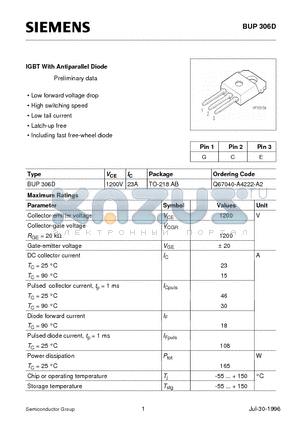 BUP306D datasheet - IGBT With Antiparallel Diode (Low forward voltage drop High switching speed Low tail current Latch-up free Including fast free-wheel diode)