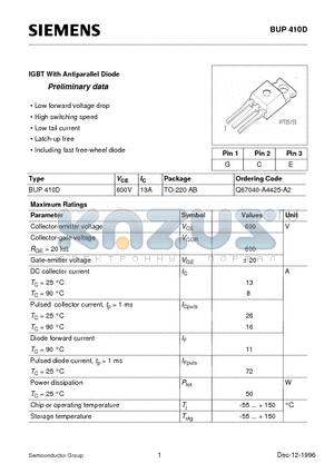 BUP410D datasheet - IGBT With Antiparallel Diode (Low forward voltage drop High switching speed Low tail current Latch-up free Including fast free-wheel diode)