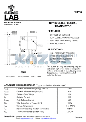 BUP56 datasheet - NPN MULTI-EPITAXIAL TRANSISTOR