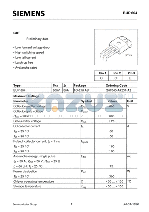 BUP604 datasheet - IGBT (Low forward voltage drop High switching speed Low tail current Latch-up free Avalanche rated)