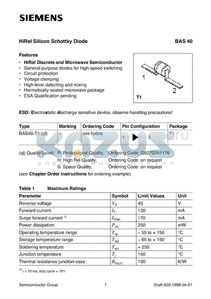 BAS40 datasheet - HiRel Silicon Schottky Diode (HiRel Discrete and Microwave Semiconductor General-purpose diodes for high-speed switching Circuit protection)