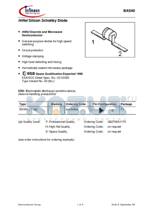 BAS40 datasheet - HiRel Silicon Schottky Diode