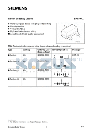 BAS40-04 datasheet - Silicon Schottky Diodes (General-purpose diodes for high-speed switching Circuit protection Voltage clamping)