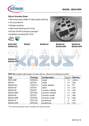 BAS40-05 datasheet - Silicon Schottky Diode