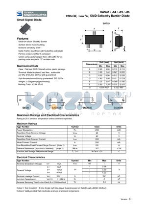 BAS40-05 datasheet - 200mW, Low VF, SMD Schottky Barrier Diode