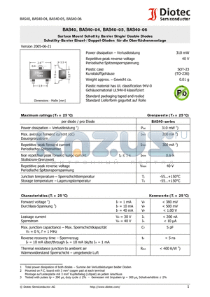 BAS40-05 datasheet - Surface Mount Schottky Barrier Single/Double Diodes